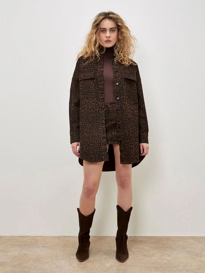 Apricot/Leopard Denim Shacket Dress