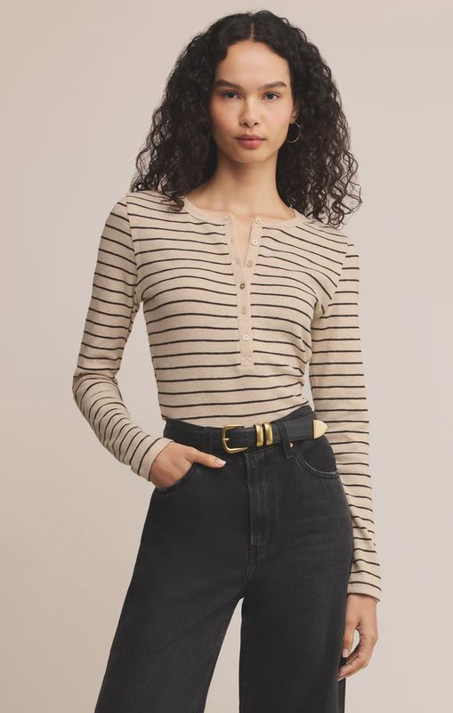 Z Supply Eve Stripe Henley in Light Oatmeal