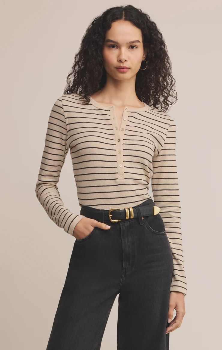 Z Supply Eve Stripe Henley in Light Oatmeal, Size: XS