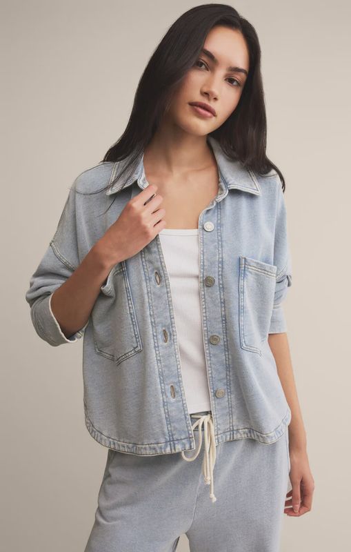 All Day Cropped Knit Denim Jacket in Washed Indigo