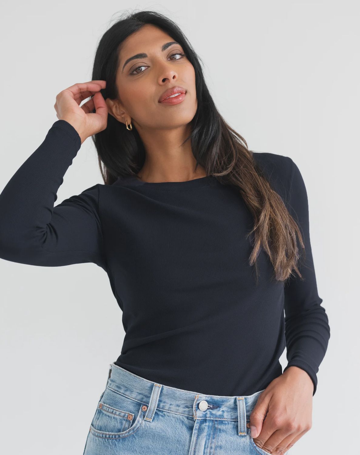 Brunette the Label Ribbed Fitted LS Shirt, Colour: Navy, Size: XS/S