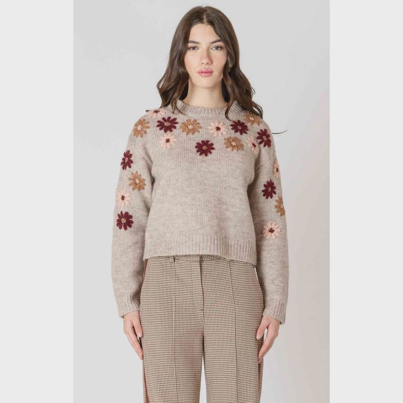 Black Tape Floral Applique Crew Sweater in Floral Meadow