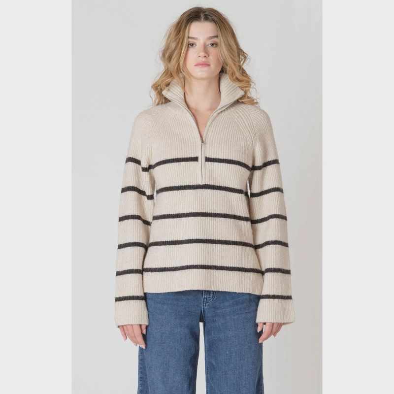 Room 34/Ladies Half-Zip Longline Sweater/Oat/Black Stripe