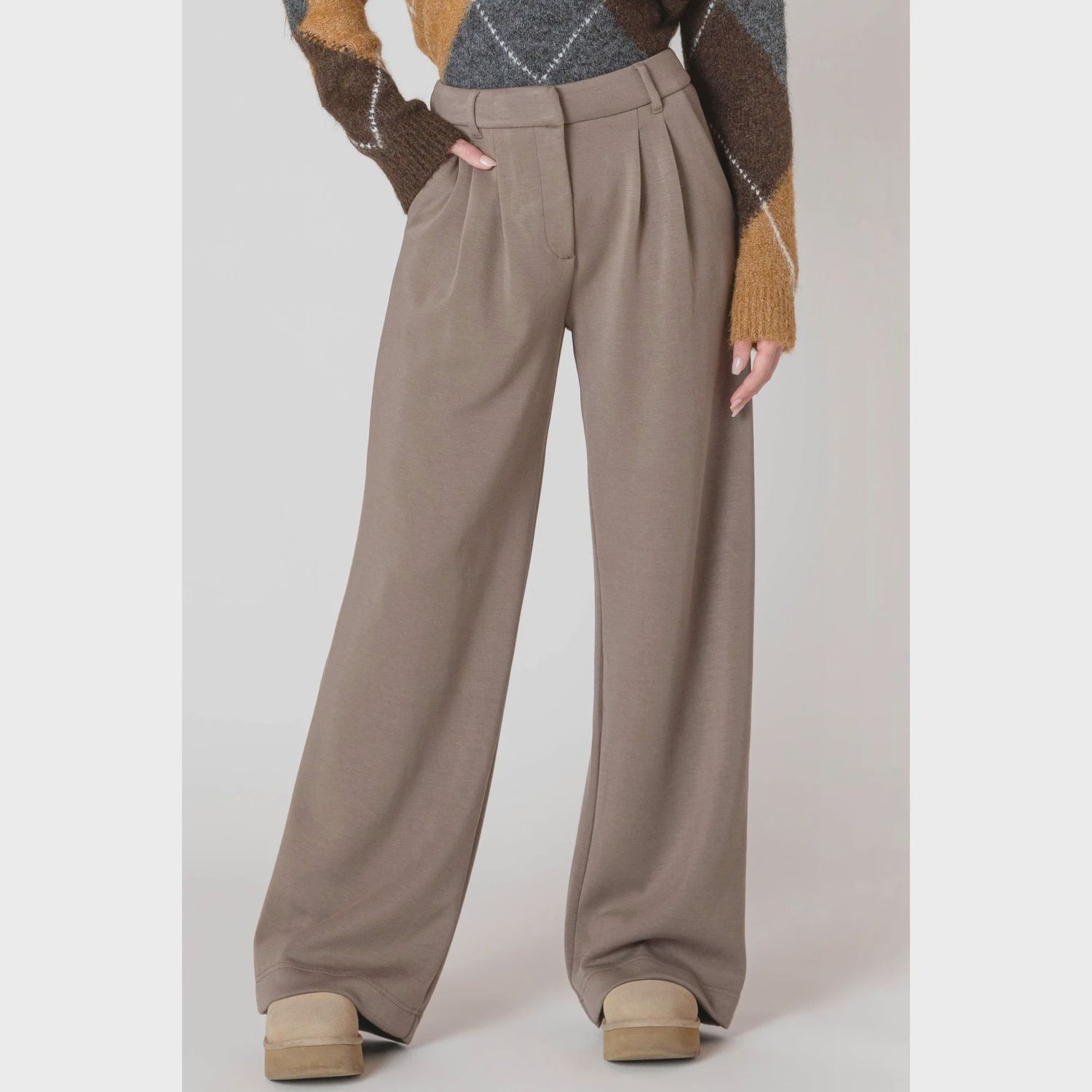 Room 34/Ladies Wide Leg Knit Trouser/Dark Taupe