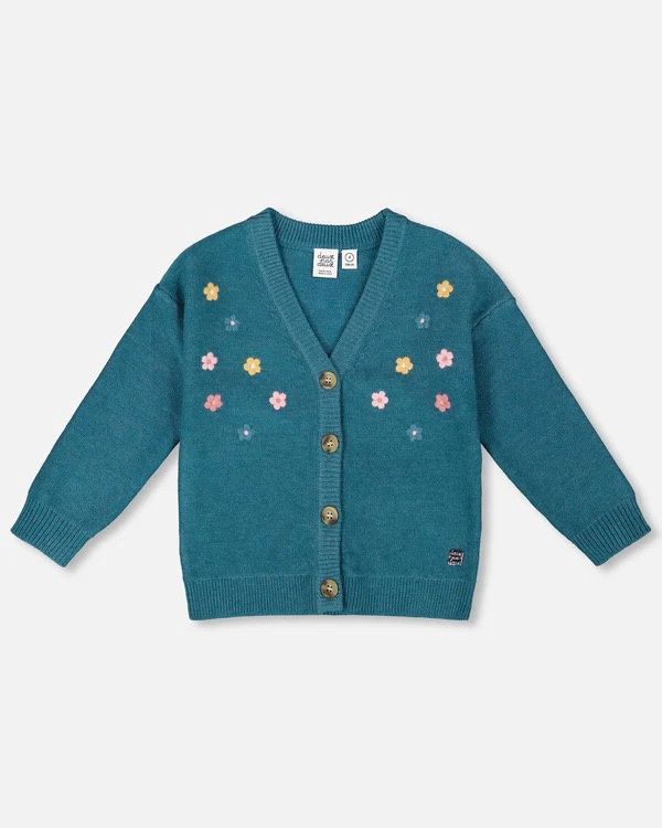 Girls Knit Cardigan Sweater with Flowers/Jasper