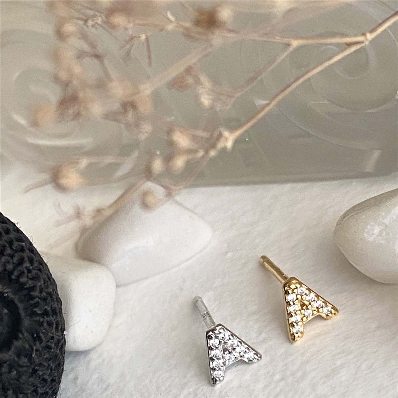 "Carrie" Sterling Silver Rhinestone Initial Stud Earring In Gold, Size: A