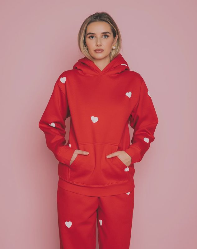 Brunette the Label/All Over Heart Core Hoodie/Red w/White