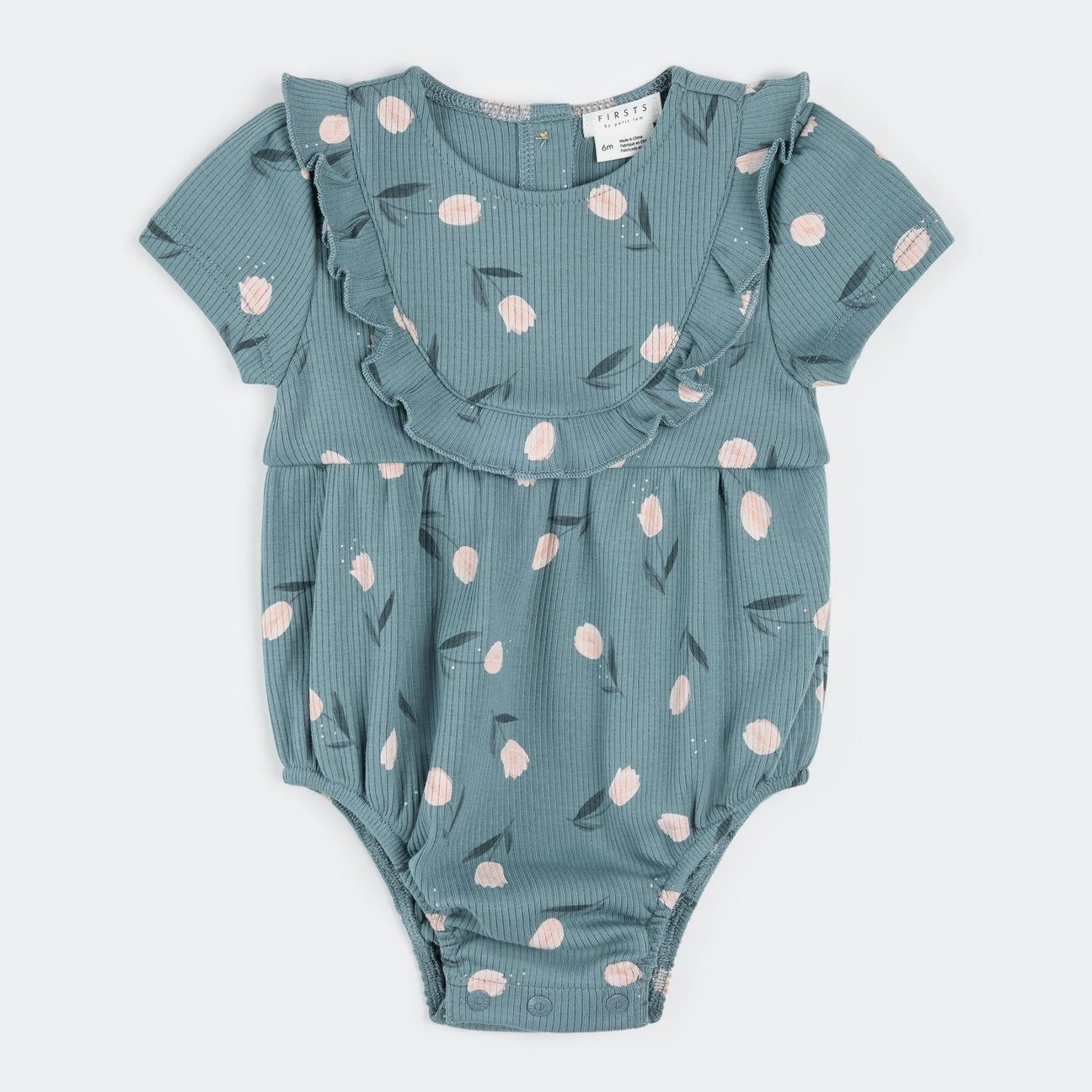Petit Lem Tulips Print on Sea Blue Bubble Romper, Size: 3M
