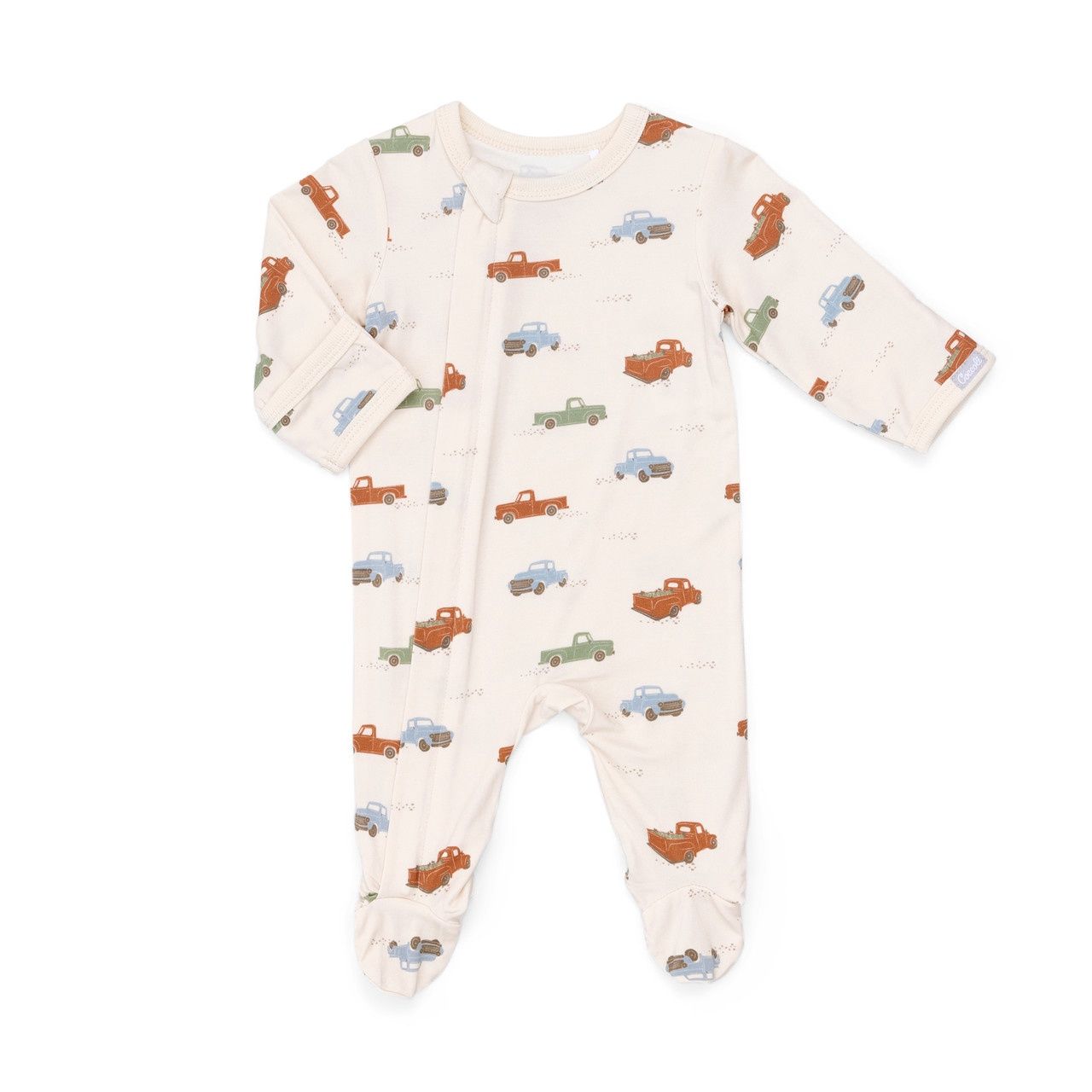 Coccoli Trucks on Beige Modal Zipper Footie