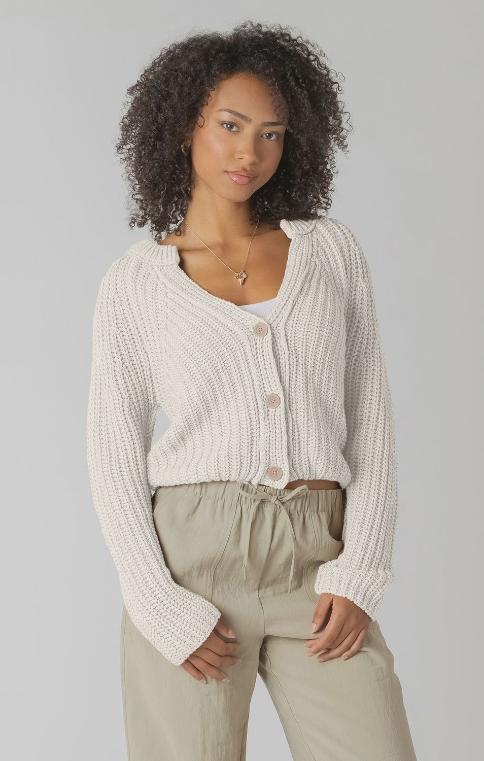 Dex/Textured Button Front Cardigan/Natural