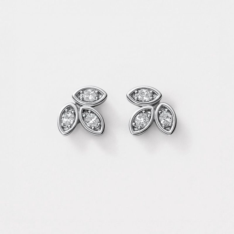 Mini silvered leaves in stainless steel &amp; cubic zirconia
