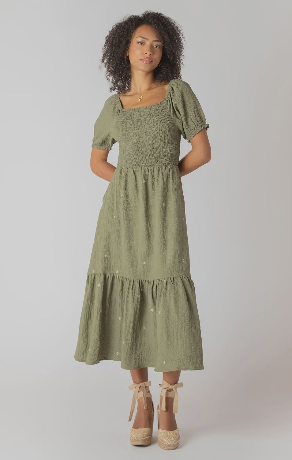 Room 34/Smocked Tiered Maxi Dress/Sage Emb