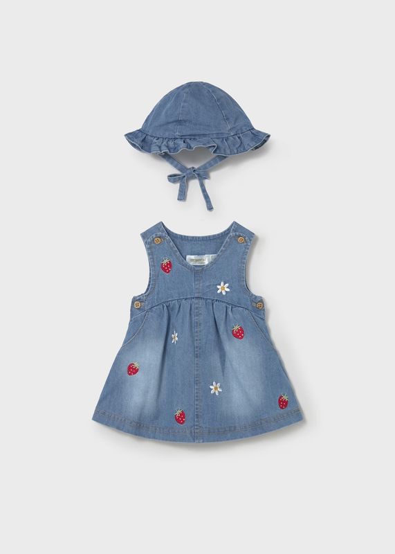 Mayoral 2 pc Set Denim Dress &amp; Hat Strawberries