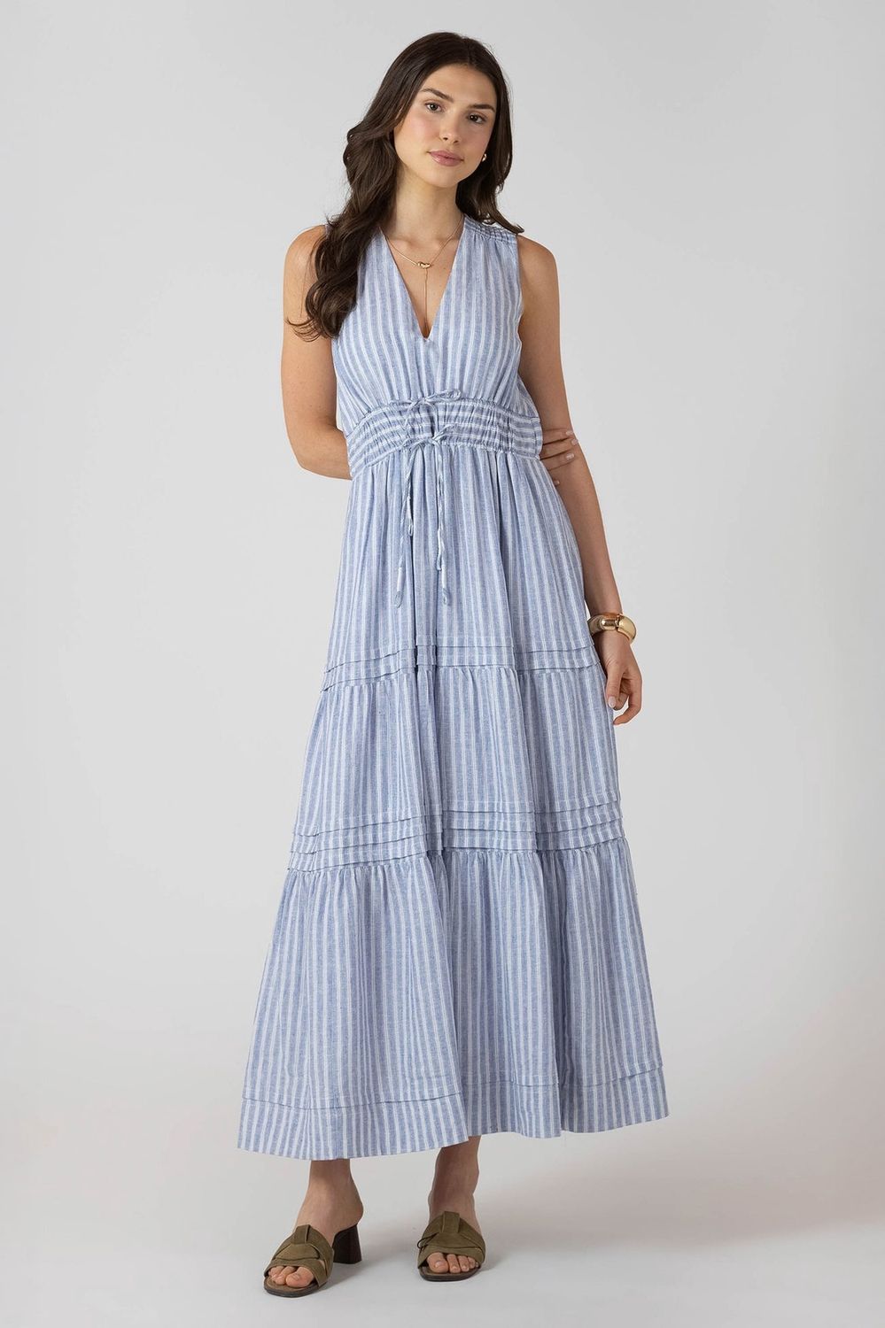Dex/Pleat Detail Smocked Waist Dress/Chambray Stripe