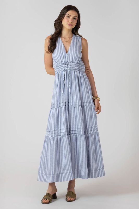 Dex/Pleat Detail Smocked Waist Dress/Chambray Stripe