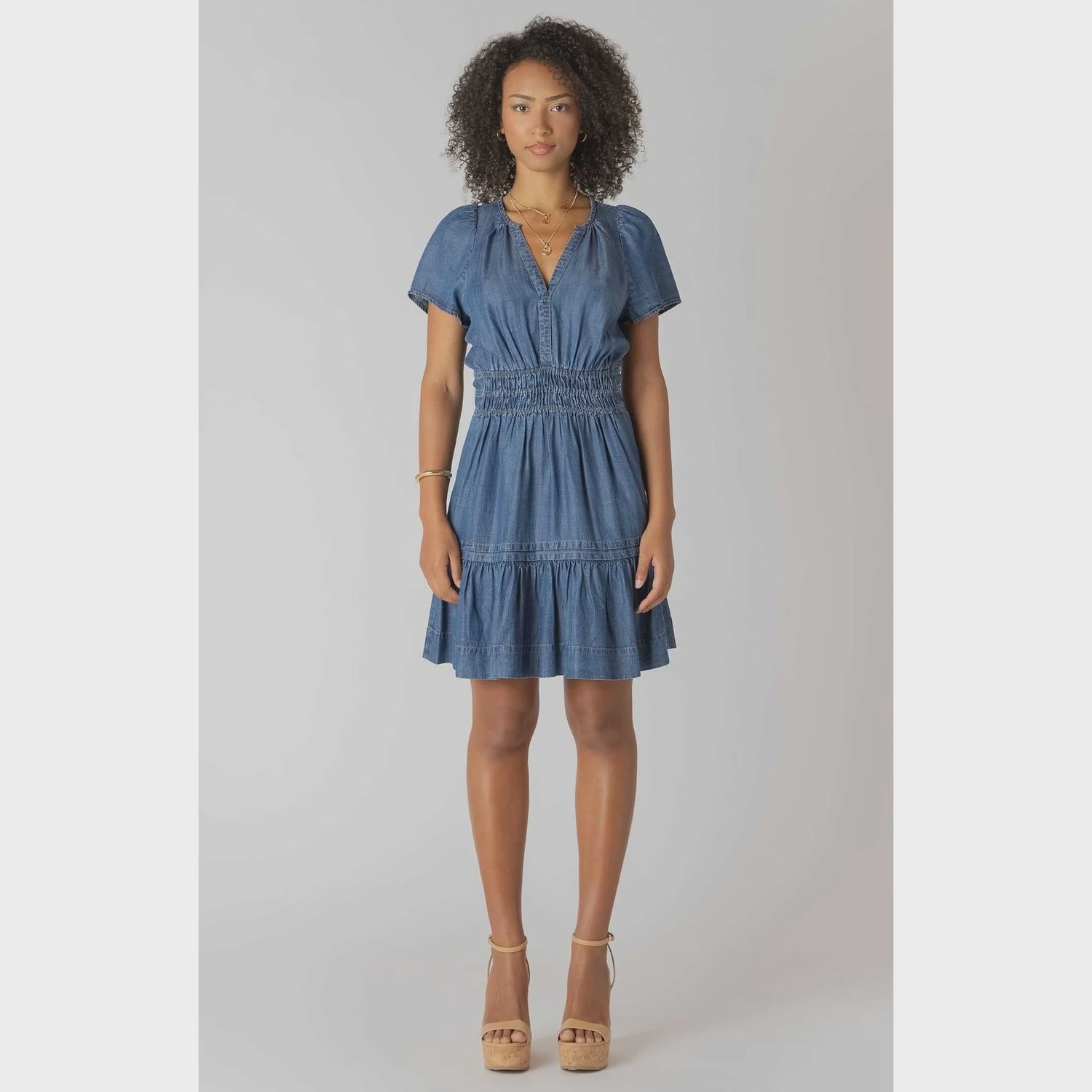 Room 34/Smocked Waist Tiered Mini Dress/Medium Indigo