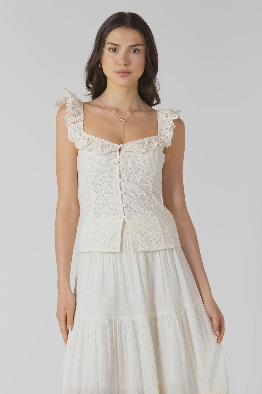 Dex/Button Front Eyelet Tank/Ecru