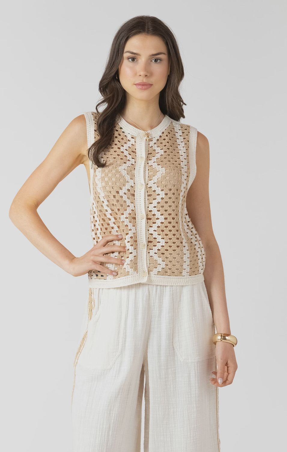 Dex/Button Back Open Work Sweater/Natural/Sand