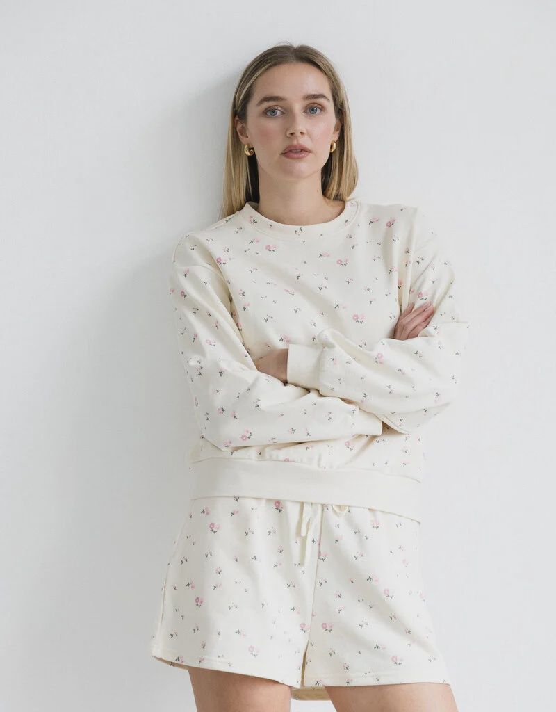 Brunette The Label / Floral Elastic Crew / Cream-Pink