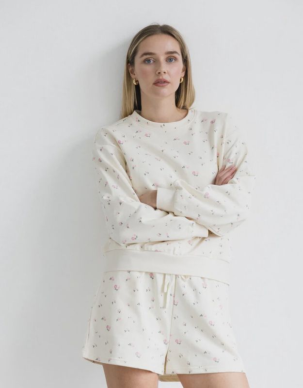 Brunette The Label / Floral Elastic Crew / Cream-Pink