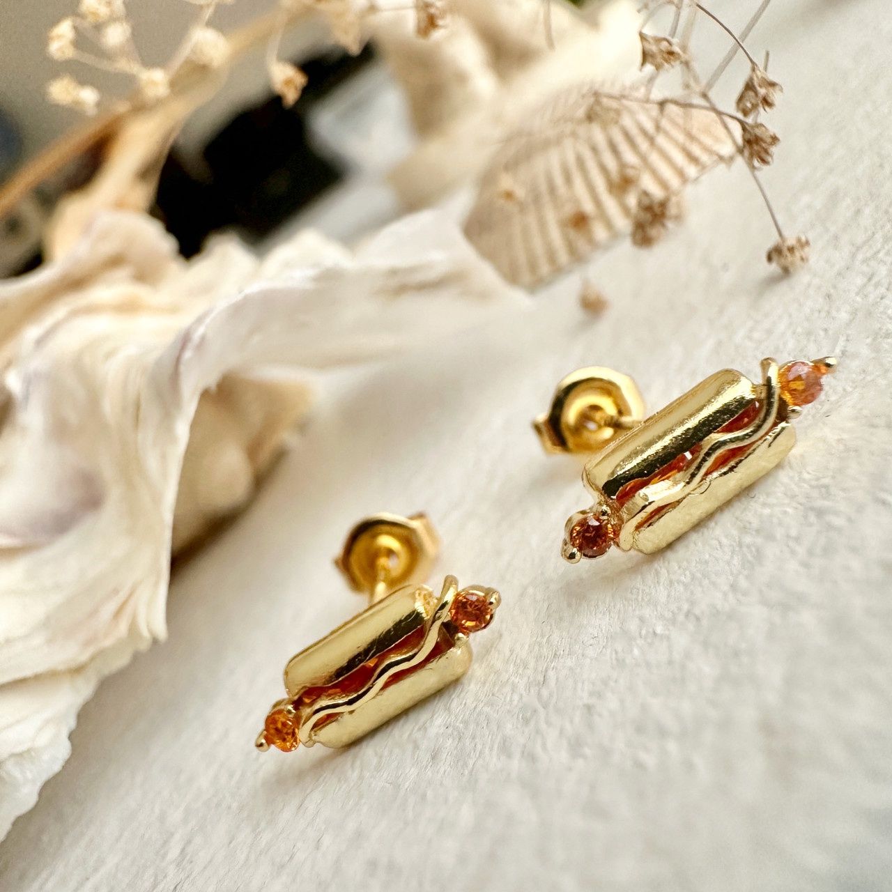 "Frank" Hot Dog Gem Encrusted Stud Earrings In Gold