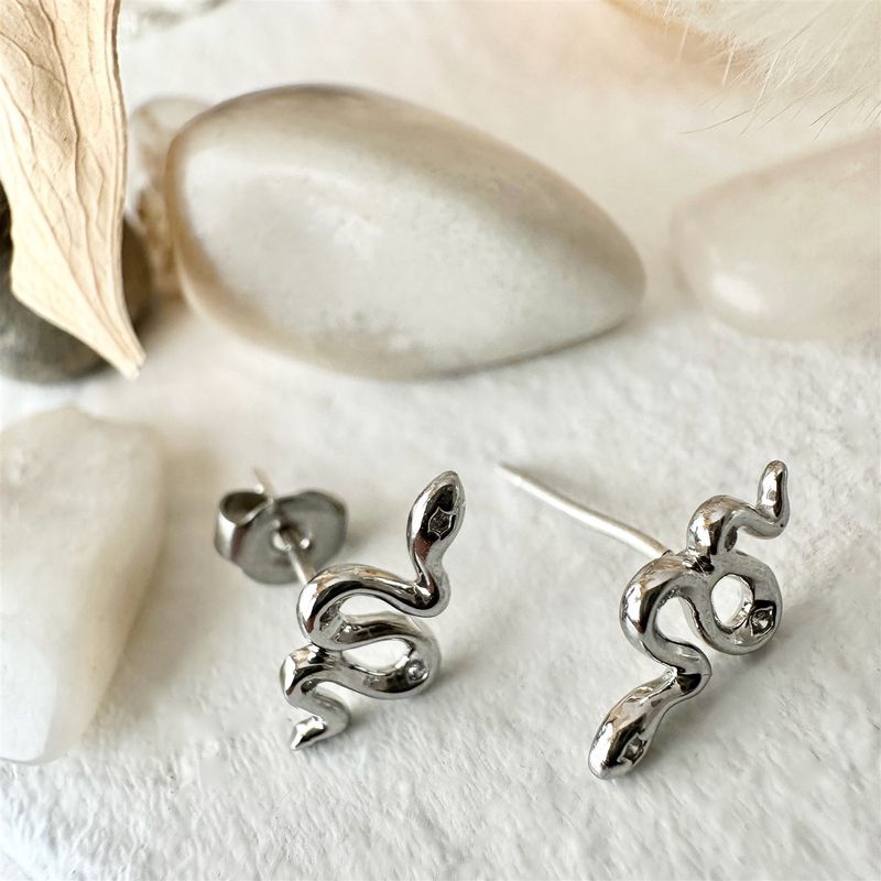 "Grasslands" Tiny Rhinestone Snake Stud Earrings in Silver with Sterling Silver Posts