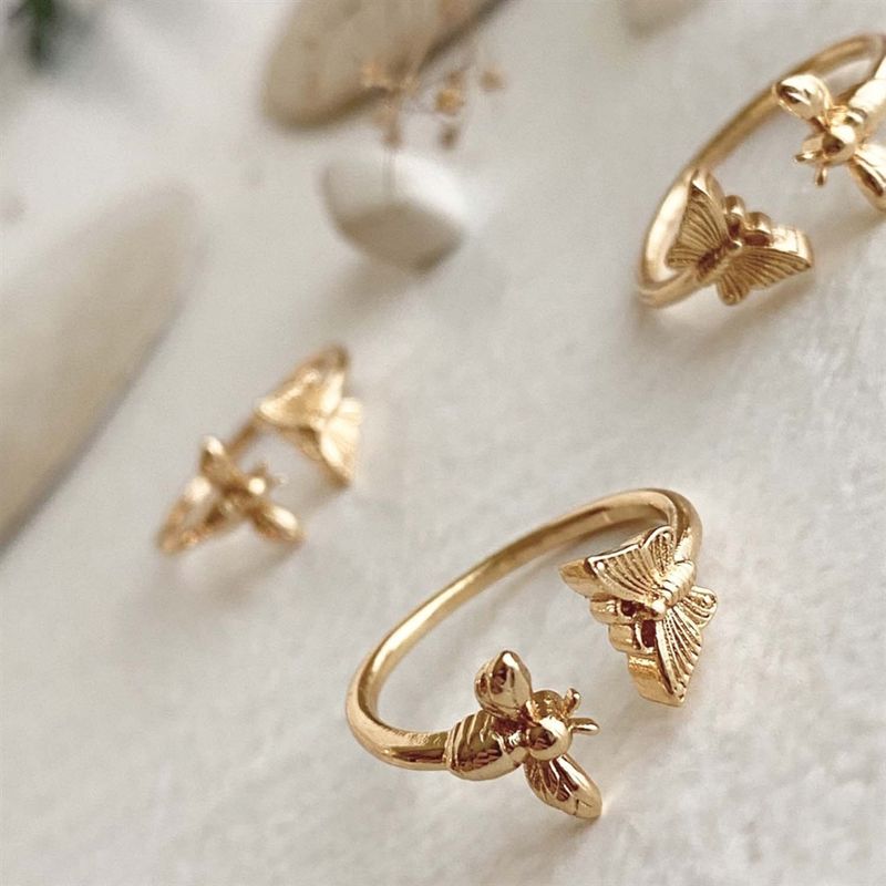 "Buddie" Adjustable Butterfly &amp; Bee Ring in Gold