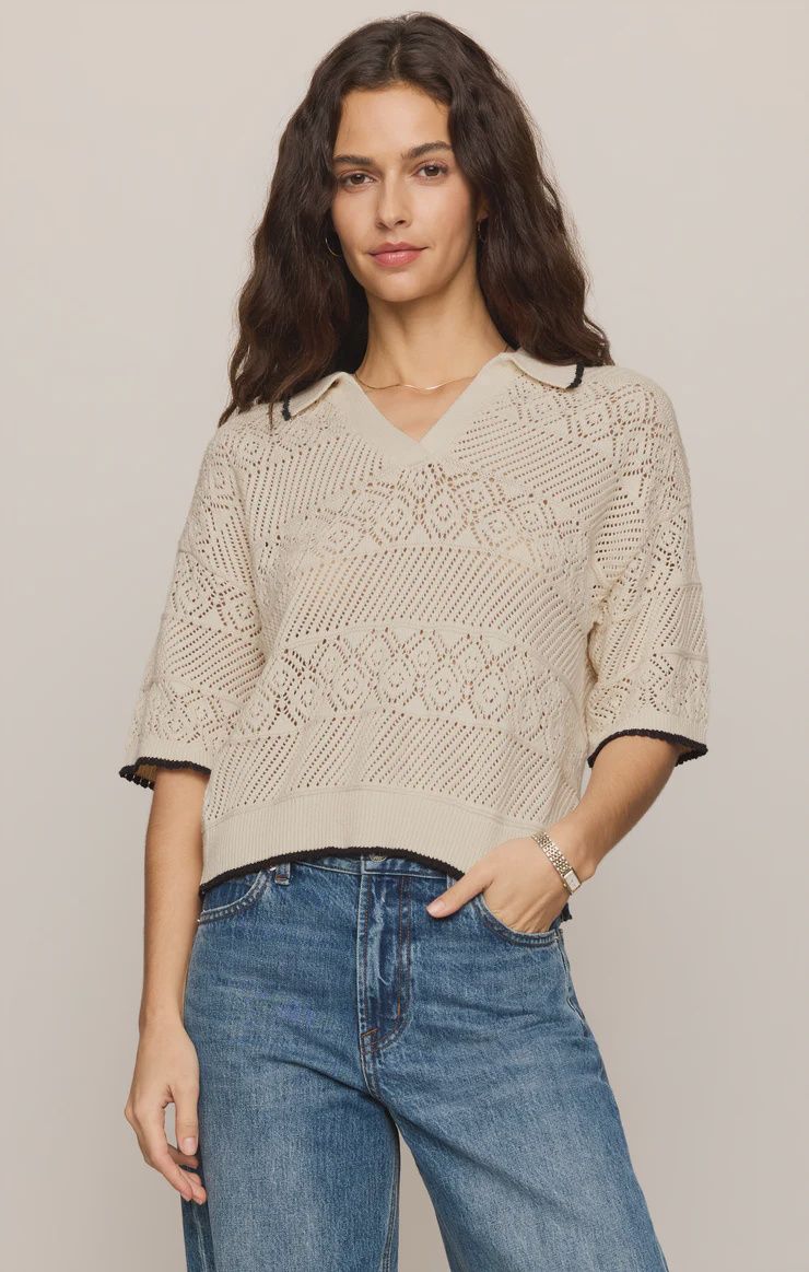 Z Supply/denman crochet polo sweater/sandstone