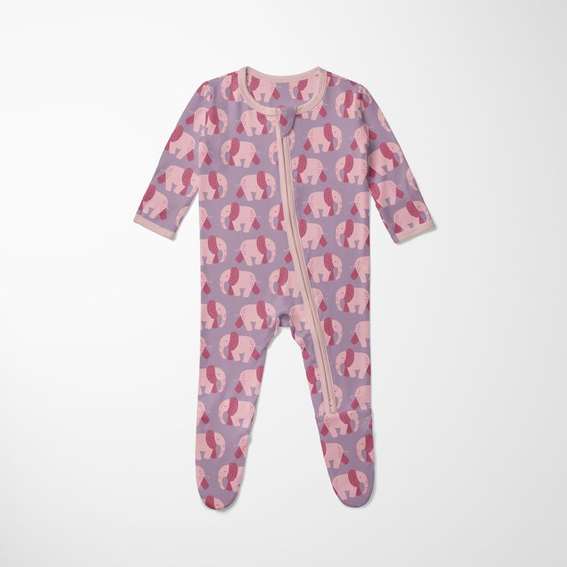 KicKee Pants / Print Footie with 2 Way Zipper / Lavender Pink Elephants