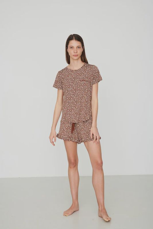 Bambi &amp; Birdie / Ladies Ruffled Short PJ Set / Brown Floral