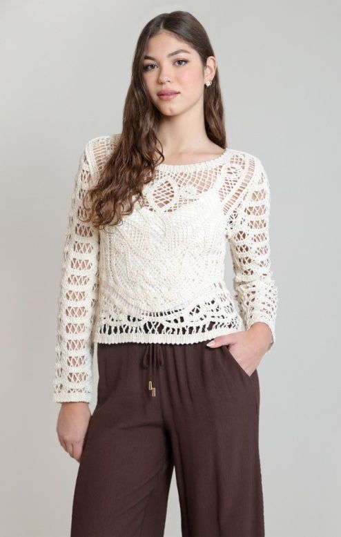 Dex / LS Button Back Crochet Top / Whitecap Gray