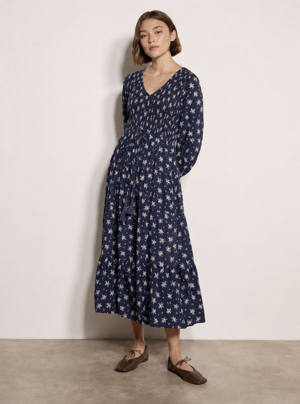 Apricot / Floral Bouquet Tie Thru Midi Dress / Navy