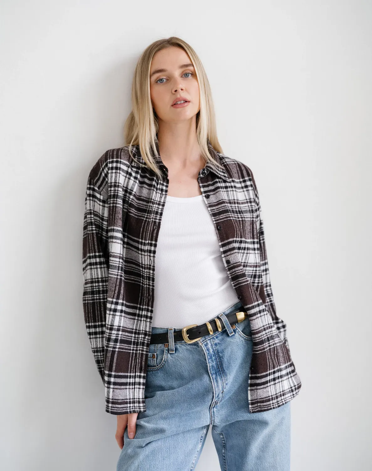 Brunette the label/Oversized Plaid Button Up/Dark Brown w/White Plaid