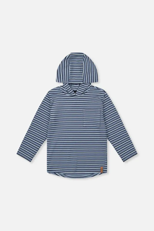 Deux Par Deux/Striped Brushed Jersey Hooded T-Shirt/Blue Stripe