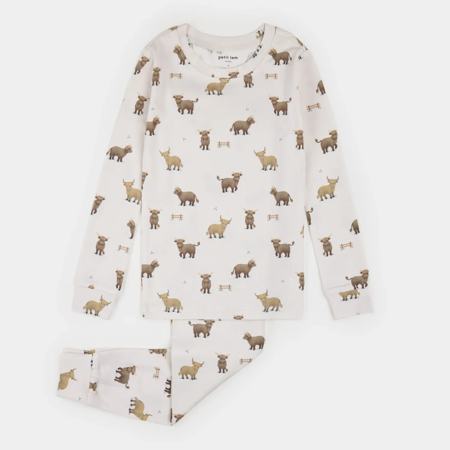 Petit lem/Highland Cows  2PCs pj Set:L/S Top/Pants Knit/Beige
