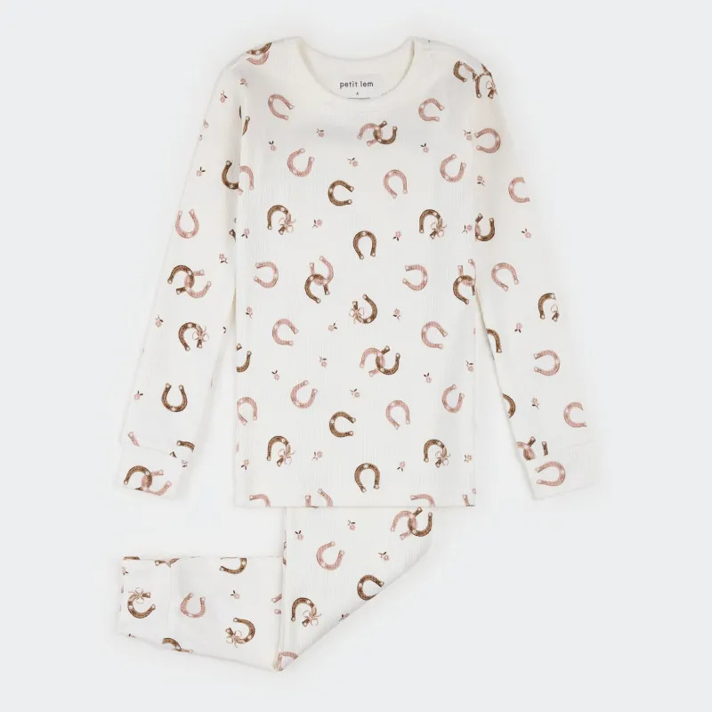 Petit Lem/Girls Horse shoes 2 pc PJ set:Top+Pant knit/Beige