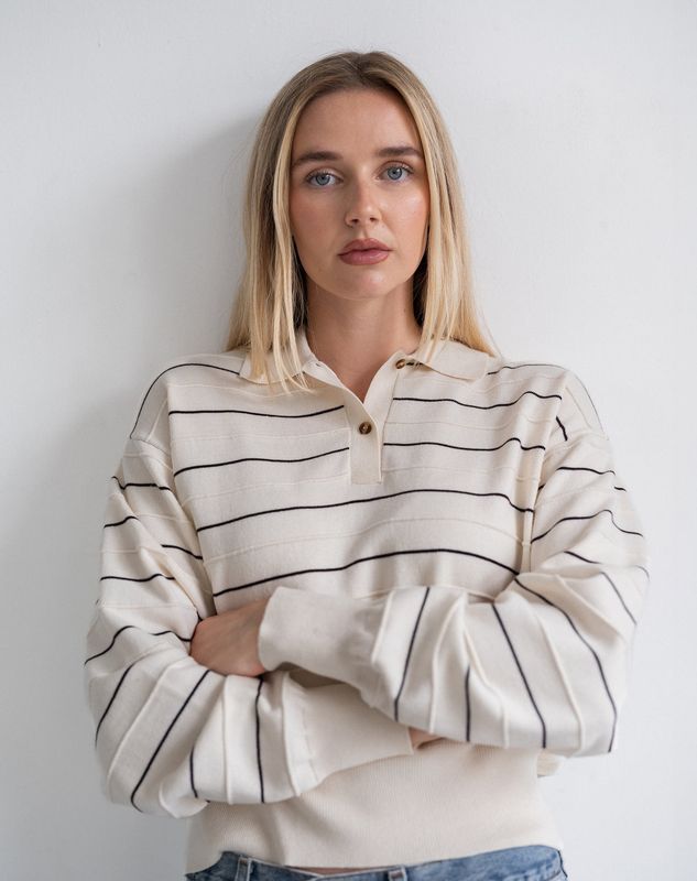 Brunette the Label / Knit Polo Shirt / Cream with Black