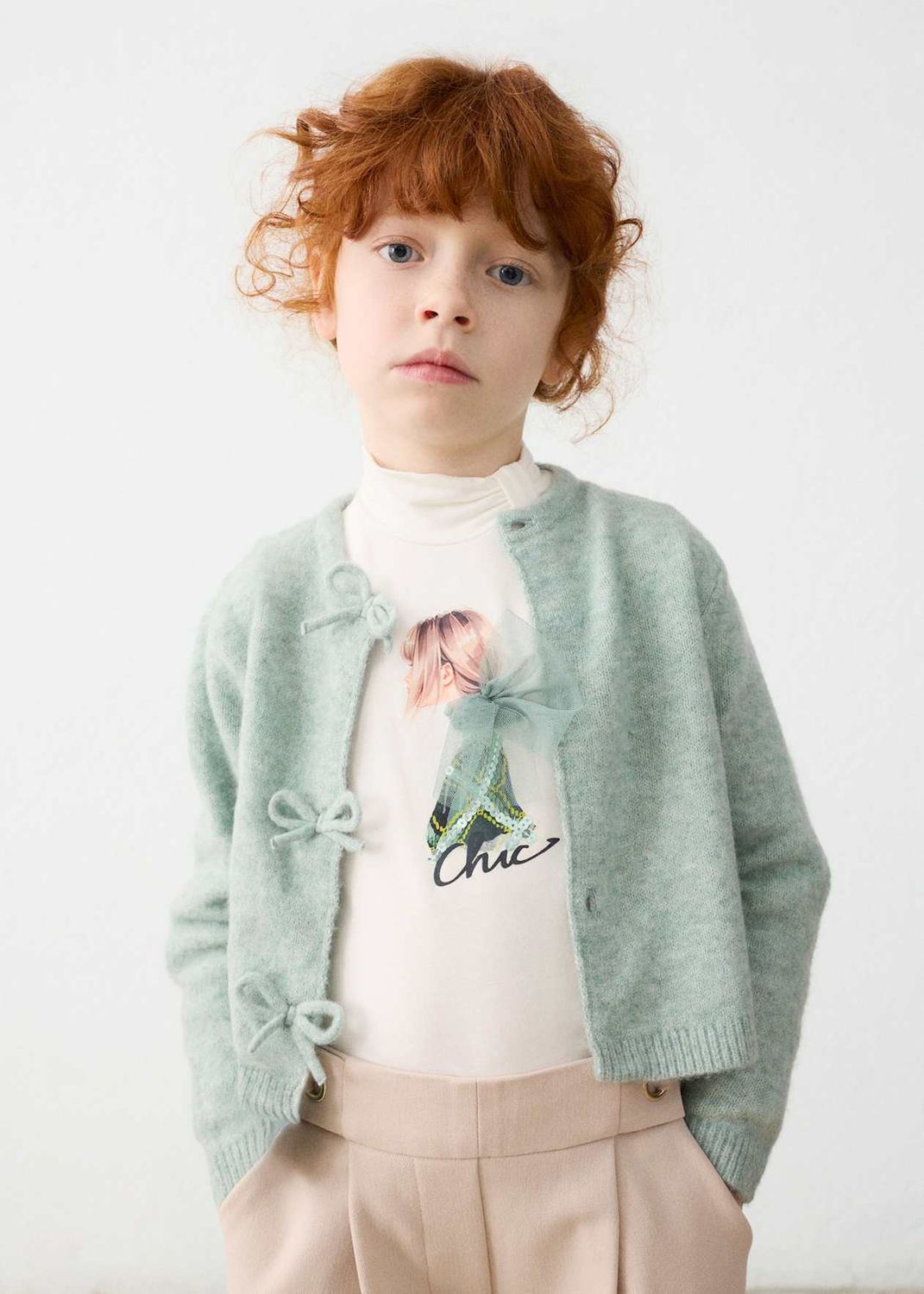 Mayoral / 4325 Girls Bows Knit Cardi / Seafoam