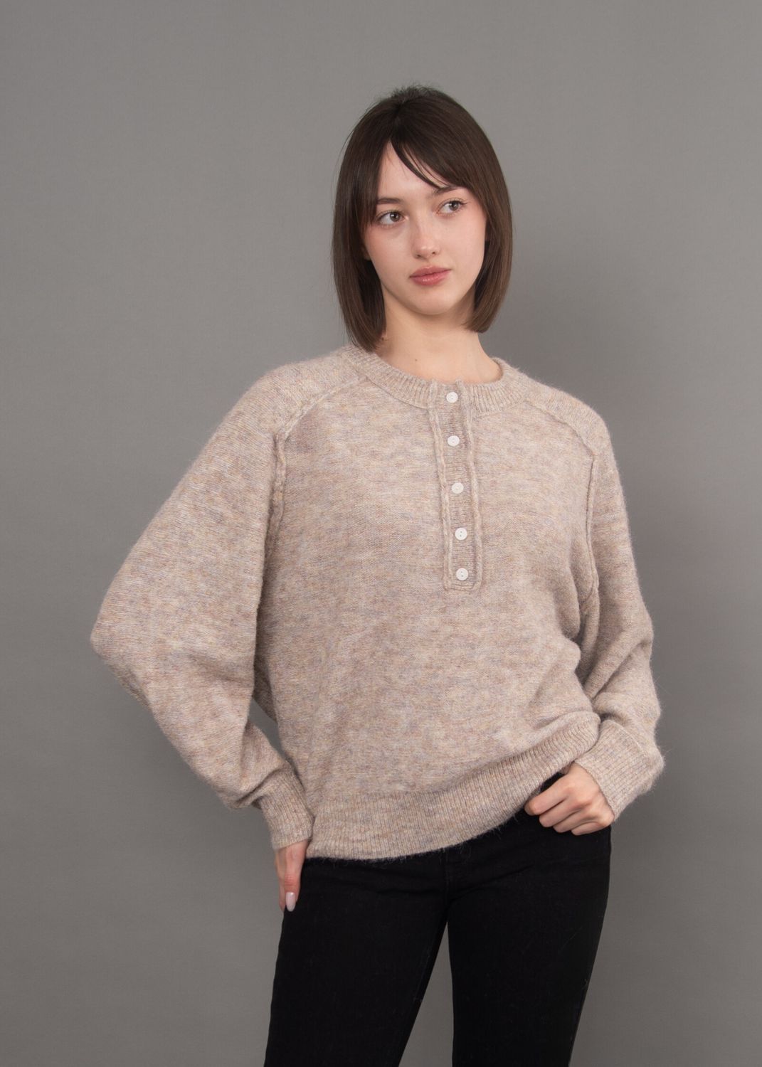 RD International/Suavaia Long Raglan Sleeve HenleyN/Taupe Melange