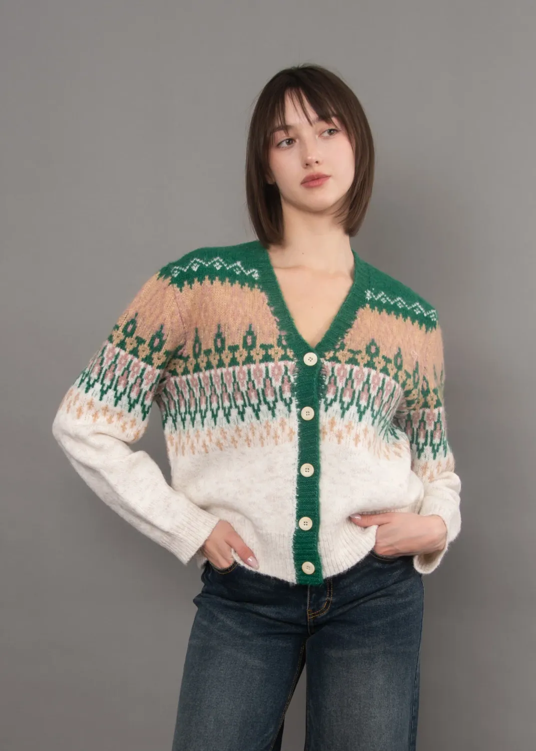RD International/V Neck Long Sleeve Jacquard Cardigan/30UC Green