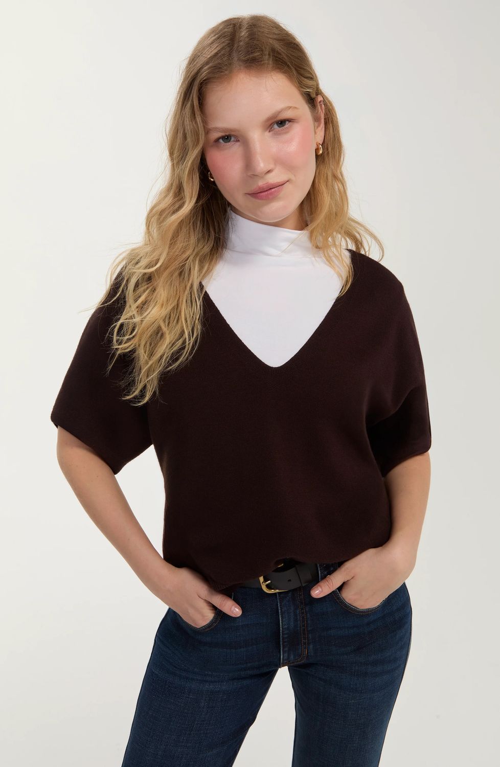 Liverpool / Short Sleeve V-Neck Dolman Sweater / Java