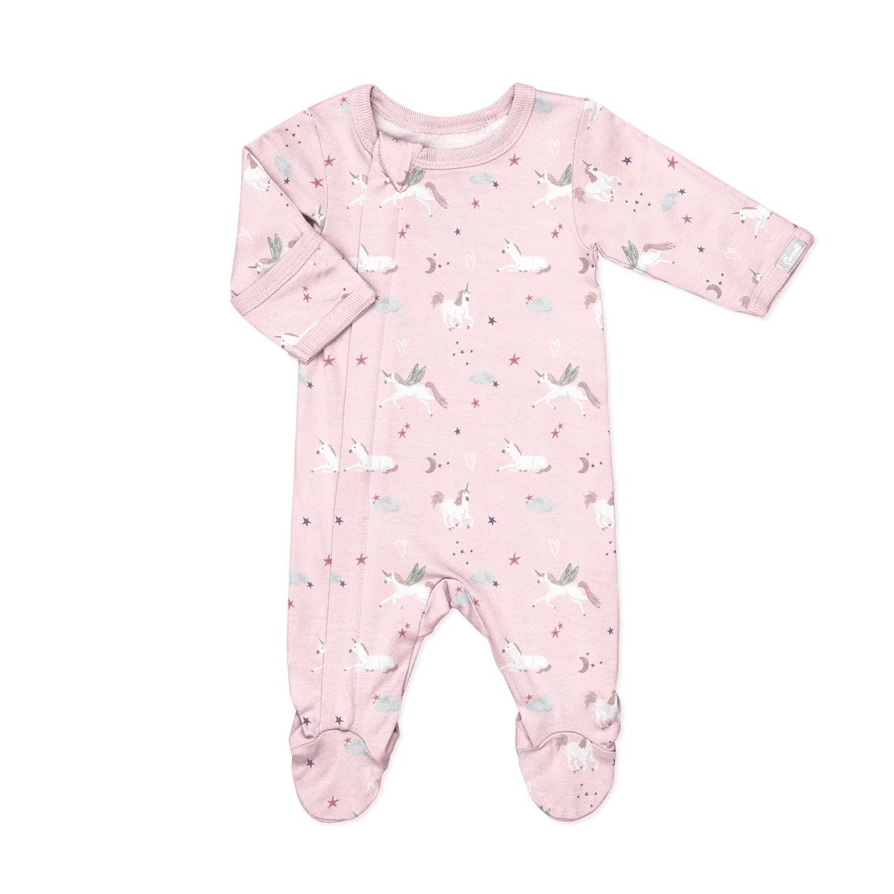 Coccoli / Infant Girl Modal Zipper Footie / Unicorns on Light Pink