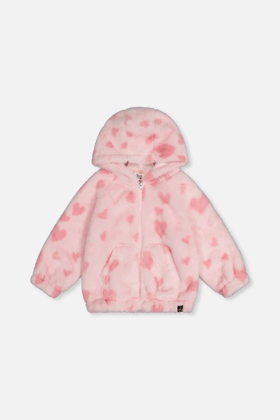 Deux Par Deux / Girls Hooded Fake Fur Jacket / Jacquard Hearts