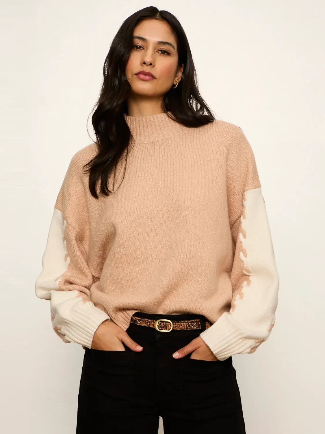 Sanctuary/Color Block Mock Neck Pullover/Hazelnut/Bone