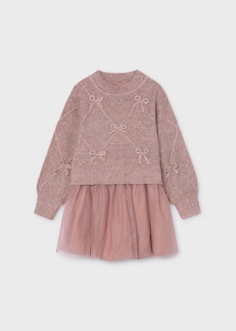 Mayoral / 4927 Girl Mixed Knit Dress With Bows / Quartz Heather
