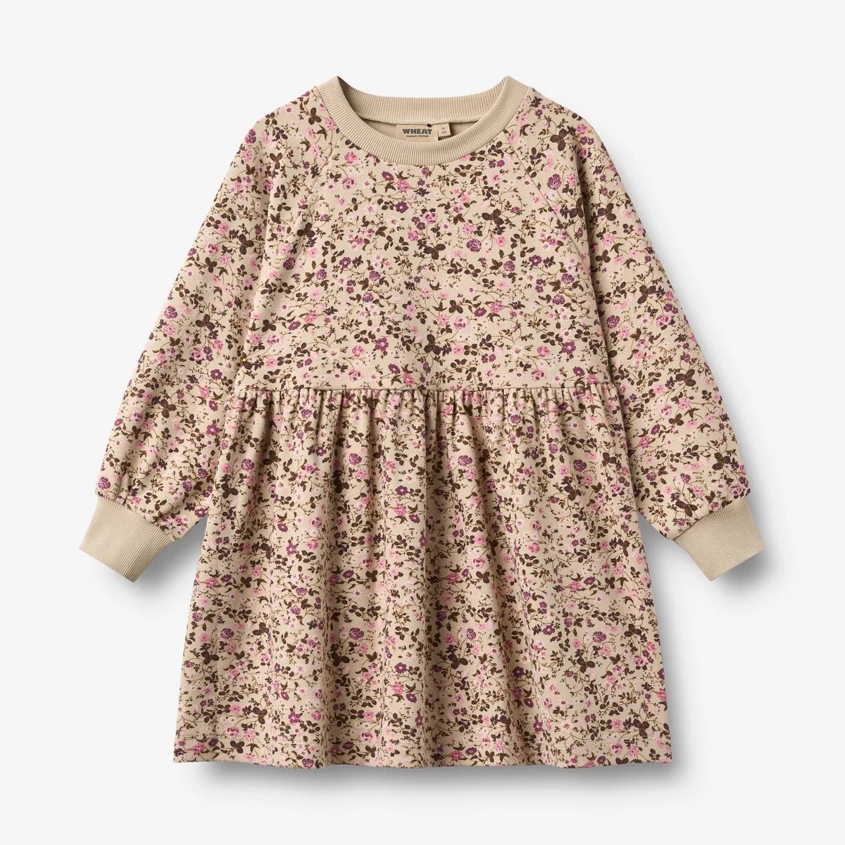 Wheat / Girls Dorthea LS Jersey Dress / Soft Sand Flower Wine