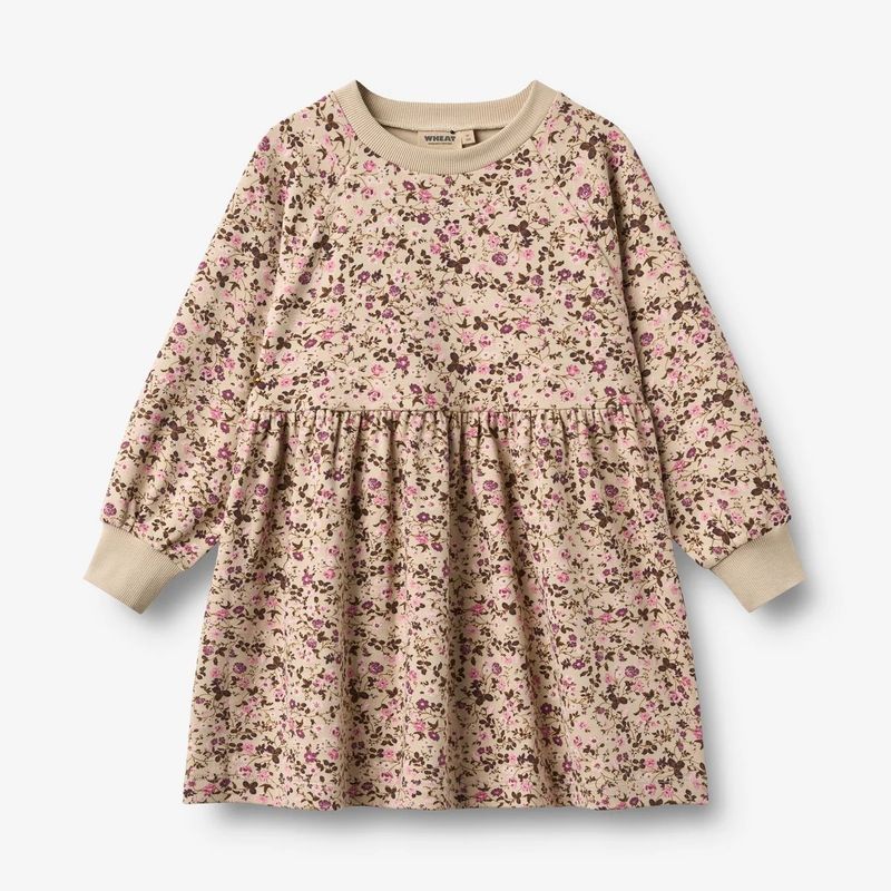 Wheat / Girls Dorthea LS Jersey Dress / Soft Sand Flower Wine