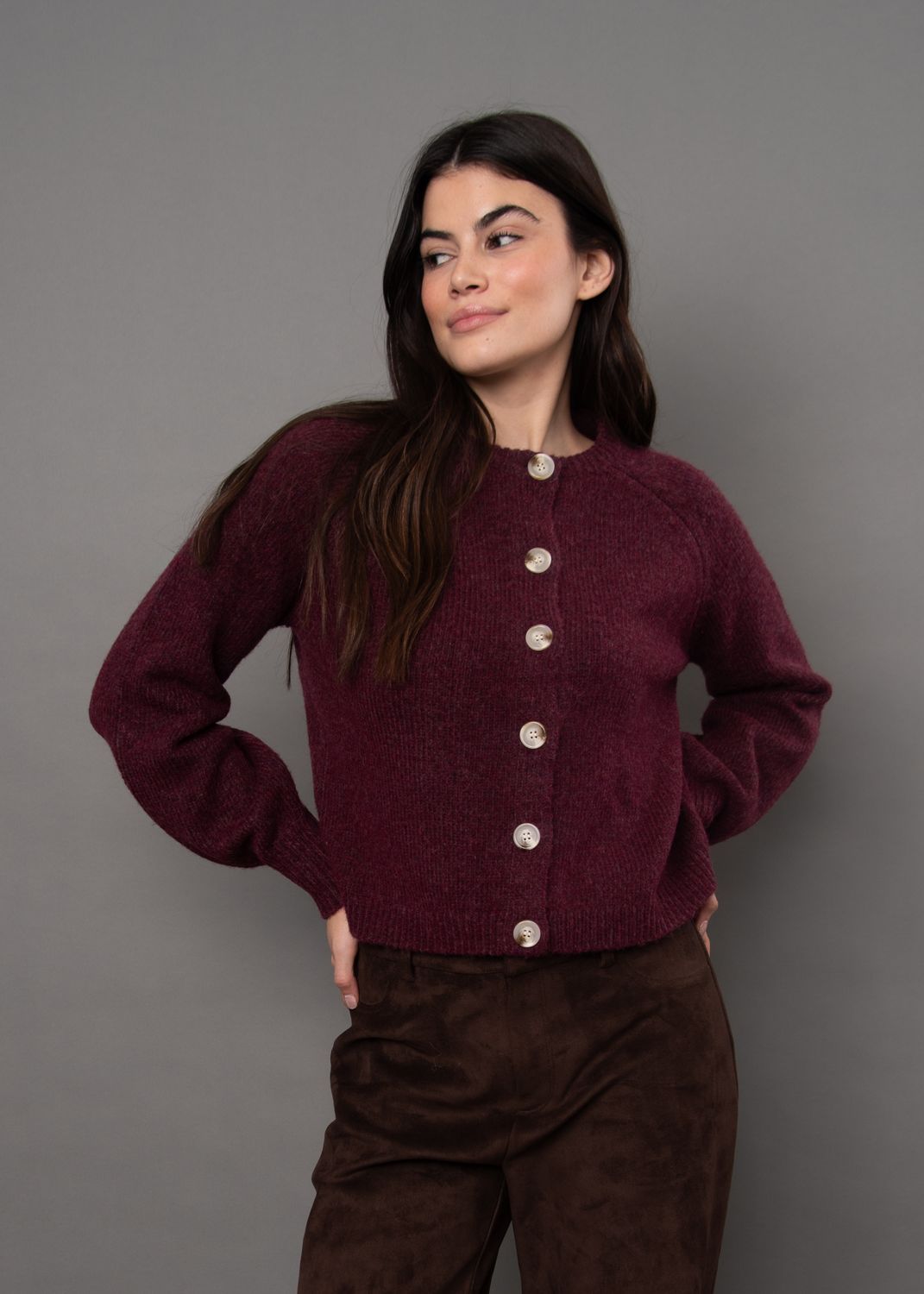 RD International/Rada L/S Button Front Cardi/Plum Melange