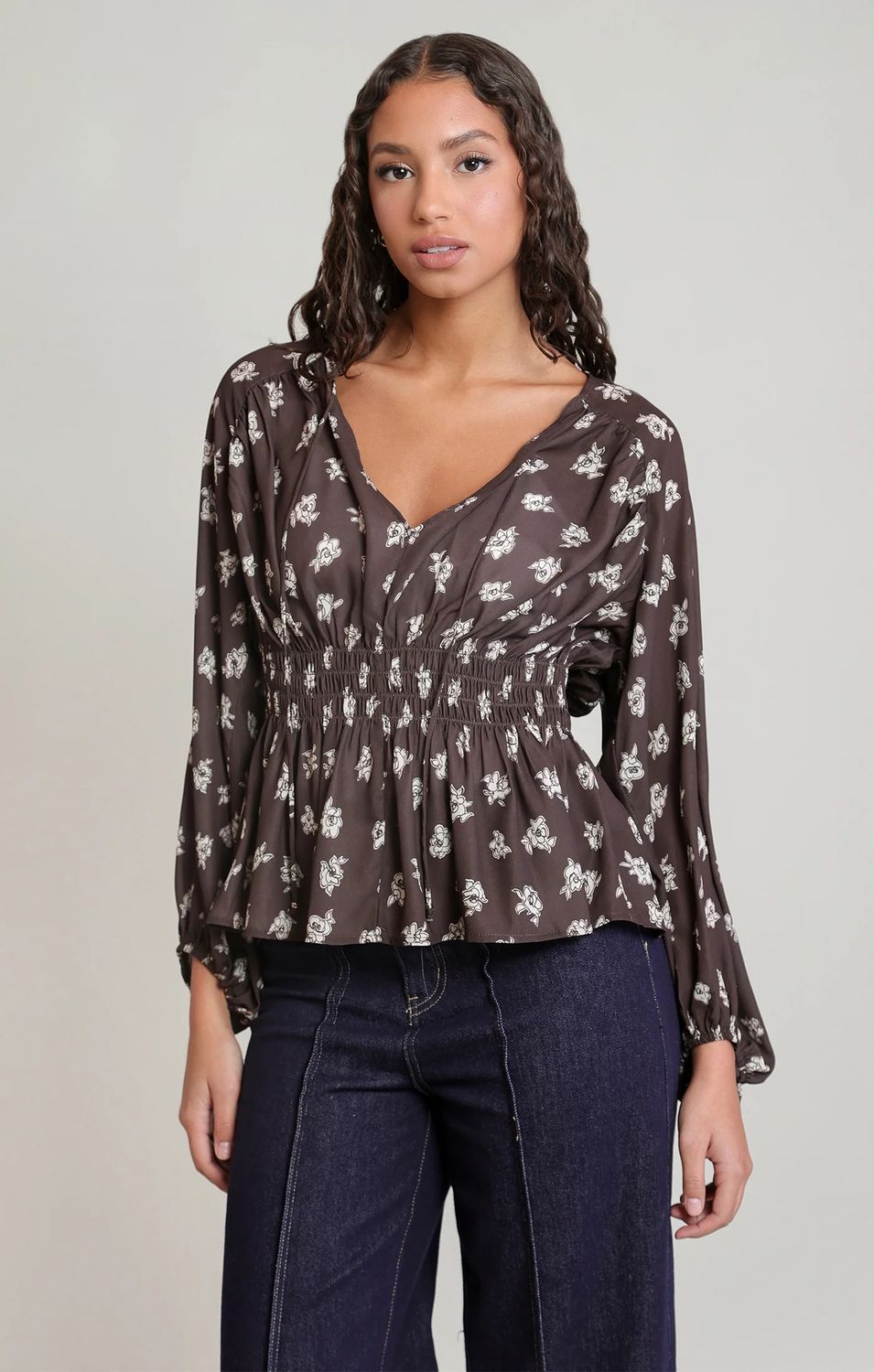 Dex / Smocked Blouse / Brown/Cream Floral