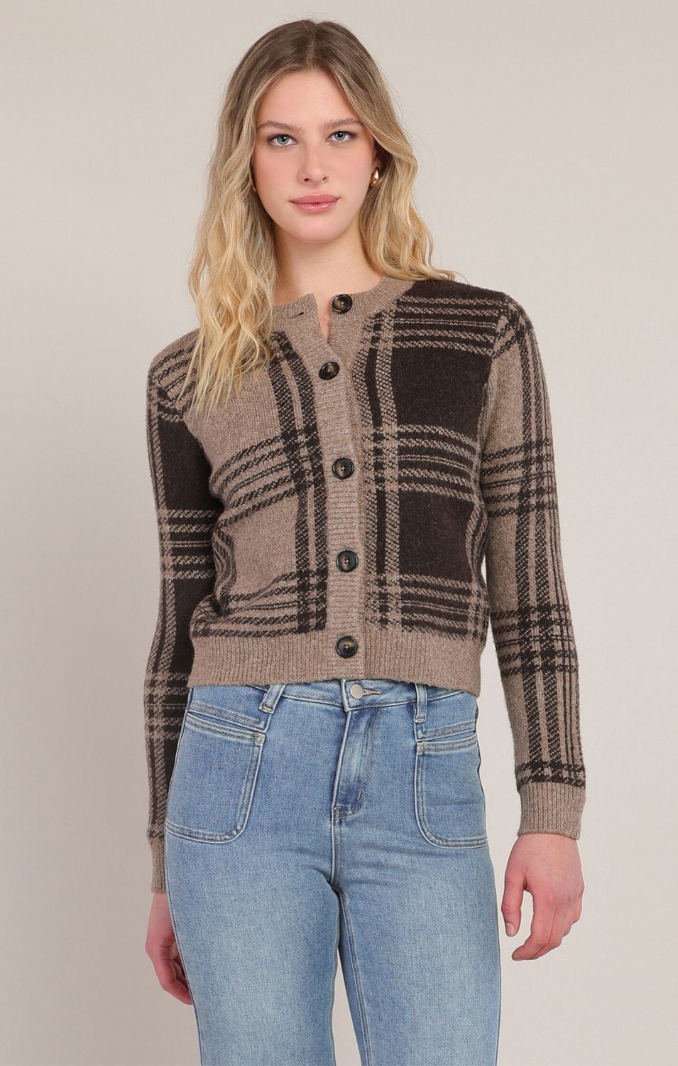 Room 34 / Plaid Cardigan / Taupe/Brown Plaid